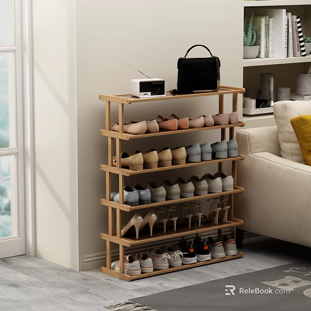 Multi Tiered Wooden Shoe Rack With Shoes Handbag And Radio In Living Room 3d model 