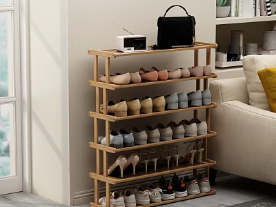 Multi Tiered Wooden Shoe Rack With Shoes Handbag And Radio In Living Room 3d model