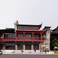 Traditional Chinese Commercial Street With Classic Architecture Black Roofs Red Decorations Courtyard Stone Paved Paths