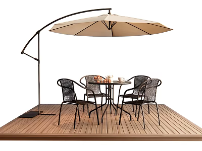 Outdoor Table with Four Chairs and Large Cantilever Umbrella on Wooden Deck with Tea Cups 3d model