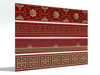 Chinese Traditional Red Background Gold Carvings With Geometric And Floral Patterns 3d model