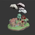 Fairy Tale Style Architecture Miniature Scene With Green Trees White Clouds And Small Houses