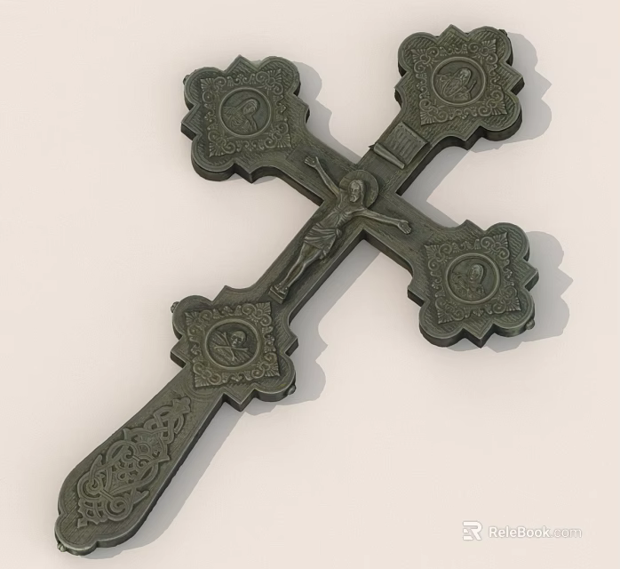 Metal Cross Featuring Crucifix Figure Circular Emblems On Arms And Intricate Carvings 3d model 