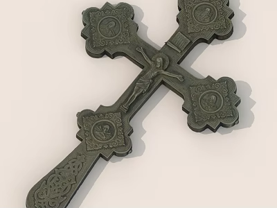 Metal Cross Featuring Crucifix Figure Circular Emblems On Arms And Intricate Carvings 3d model