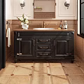 Bathroom Vanity with Black Cabinet Wooden Countertop Vase with Flowers Hand Soap and Mirror