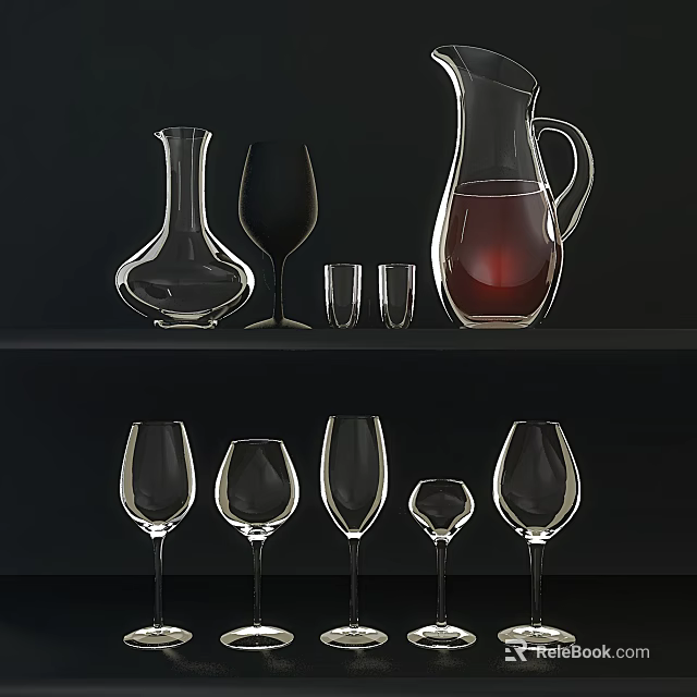 Display of Wine Bottles and Glasses with Decanter Carafe and Various Glassware on Dark Shelf 3d model 