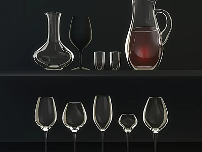 Display of Wine Bottles and Glasses with Decanter Carafe and Various Glassware on Dark Shelf 3d model