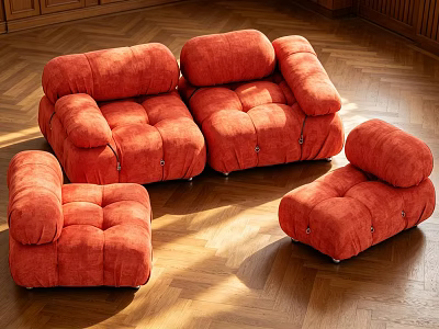 Cozy Orange Plush Casual Sofa Set With Modular Design And Wooden Floor 3d model