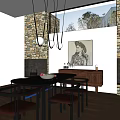 Modern Restaurant With Gray Dining Table Brown Leather Chairs Wooden Sideboard And Black White Painting