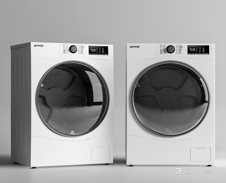 Two White Front Loading Washing Machines With Digital Display And Control Panel 3d model