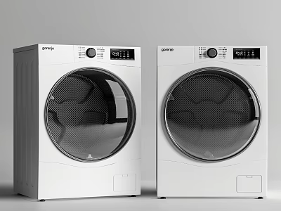 Two White Front Loading Washing Machines With Digital Display And Control Panel 3d model