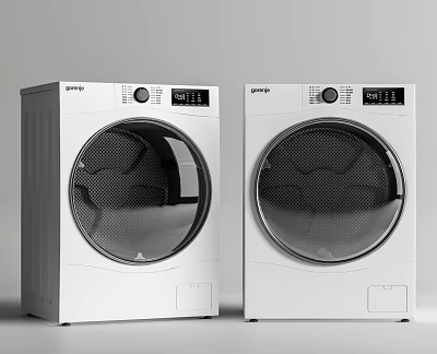 Two White Front Loading Washing Machines With Digital Display And Control Panel 3d model