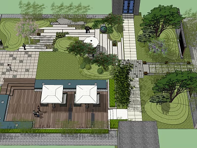 Courtyard Garden Design With Lawn Stone Path Trees And Wooden Deck Seating Area 3d model
