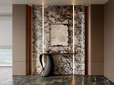 Modern Foyer Hallway Design With Marble Wall Mirror And Recessed Lighting 3d model