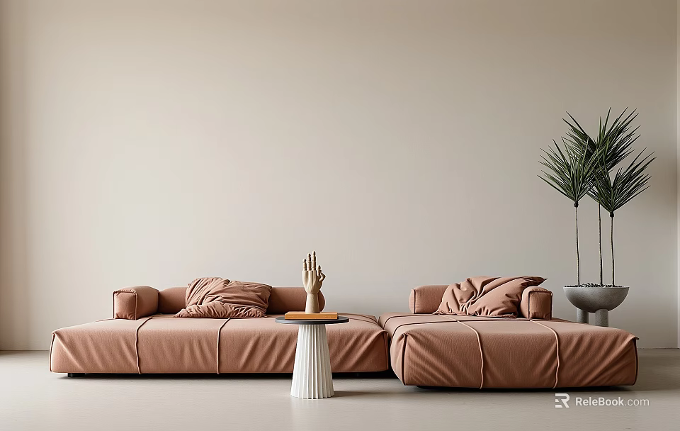 Modern Light Brown Sofa and Coffee Table Set with Pillows Decorative Item and Green Plant 3d model 