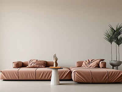 Modern Light Brown Sofa and Coffee Table Set with Pillows Decorative Item and Green Plant 3d model