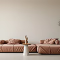 Modern Light Brown Sofa and Coffee Table Set with Pillows Decorative Item and Green Plant