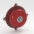 Red Round Alarm Bell With Metal Mounts And Circular Center Logo