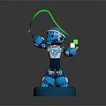 Blue Robot Game Character 3D Model With Green Glowing Arm And Blue Base Design