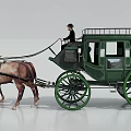 Vintage Green Horse-Drawn Carriage with Wooden Windows Pulled by Two Horses and Driver