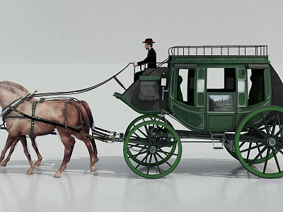 Vintage Green Horse-Drawn Carriage with Wooden Windows Pulled by Two Horses and Driver 3d model