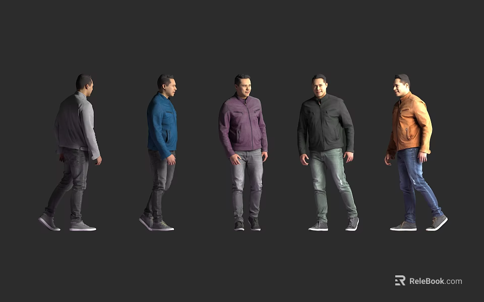 Men Wearing Different Colored Jackets And Jeans In Standing Walking Poses 3d model 