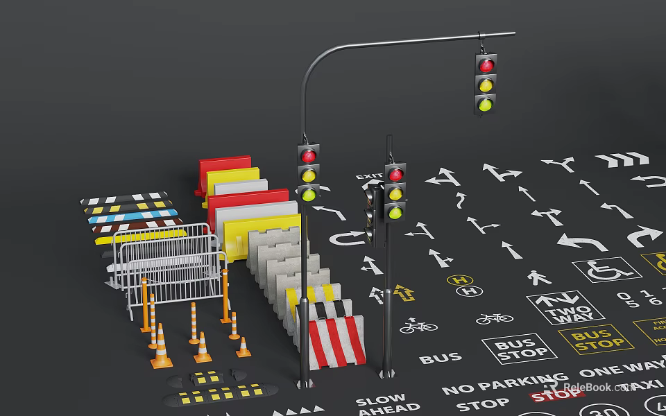 Road Traffic Facilities With Traffic Lights Barriers Cones Directional Arrows And Bus Stop Signs 3d model 