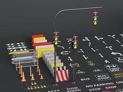Road Traffic Facilities With Traffic Lights Barriers Cones Directional Arrows And Bus Stop Signs 3d model
