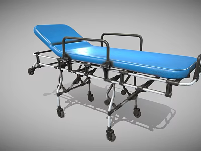Blue Medical Stretcher with Black Handles and Wheeled Metal Frame for Hospital Transport 3d model