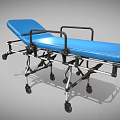 Blue Medical Stretcher with Black Handles and Wheeled Metal Frame for Hospital Transport