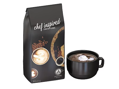 Chef Inspired Coffee Beverage With Roasted Beans Pack And Creamy Latte In Black Mug 3d model