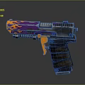 Pistol With Purple And Orange Flame Pattern Brown Wooden Grip And Metal Body