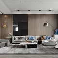 Modern Duplex Living Room Interior With Wooden TV Wall Fireplace And Marble Coffee Table