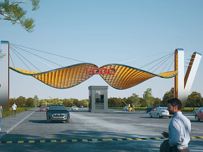 Scenic Modern Entrance Gate With Yellow Curved Design EAGLE Sign And Cars Trees Around 3d model