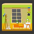 Cozy Bedroom Interior With Green Walls Orange Floor Bed Desk And Shelves