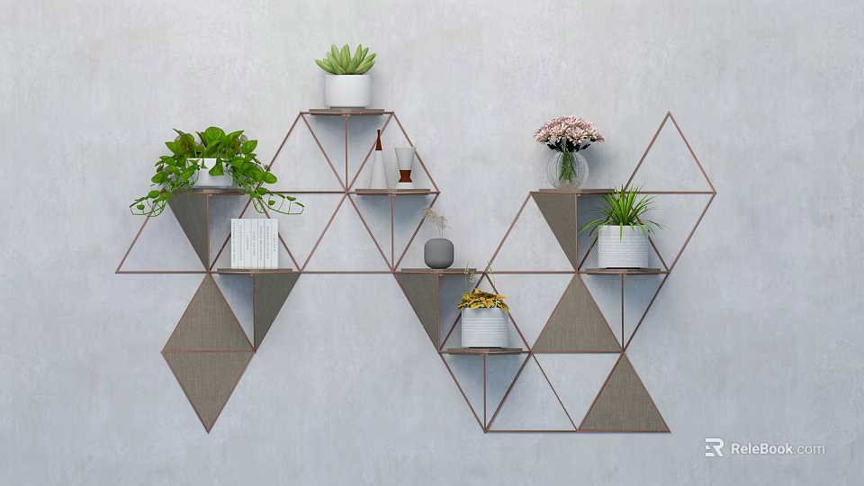Modern Geometric Wall Mounted Shelves With Green Plants Vases And Decor Items 3d model 