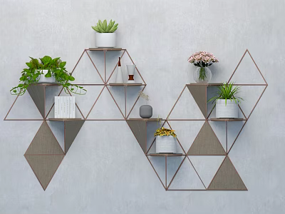 Modern Geometric Wall Mounted Shelves With Green Plants Vases And Decor Items 3d model
