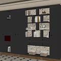 Black Built in Bookcase With Patterned Backdrop Shelves Drawers Books And Storage Baskets