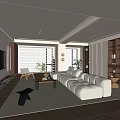 Modern Open Concept Living Dining Room With Beige Sofa Bookshelf Green Plants And Large Windows