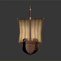 Wooden Sailing Ship With Striped Sail And Colorful Flags On Deck Decoration