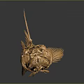 Golden Fish Skeleton Structure With Skull Spines And Dark Background Reflection