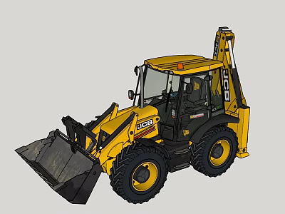 JCB Yellow Utility Vehicle With Front Loader Bucket And Backhoe Arm 3d model