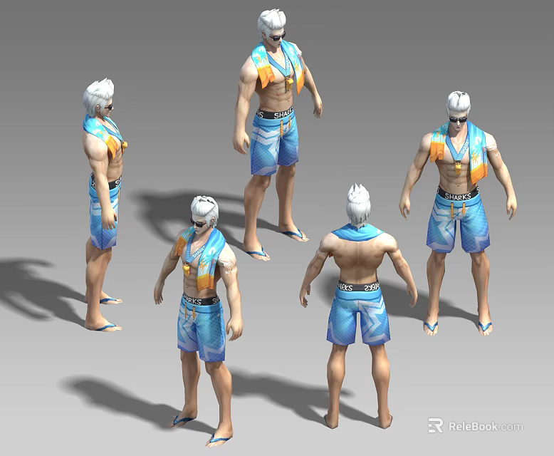 Casual Summer Outfit With Blue Shorts Orange And Blue Sleeveless Vest And White Hair Accessory 3d model 