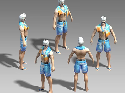 Casual Summer Outfit With Blue Shorts Orange And Blue Sleeveless Vest And White Hair Accessory 3d model