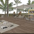 Relaxing Garden Landscape with Wooden Deck Outdoor Seating Palm Trees and Camper Van