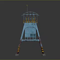 Blue Industrial Tower With Metal Frame Platform Yellow Wheels And Black Yellow Striped Legs