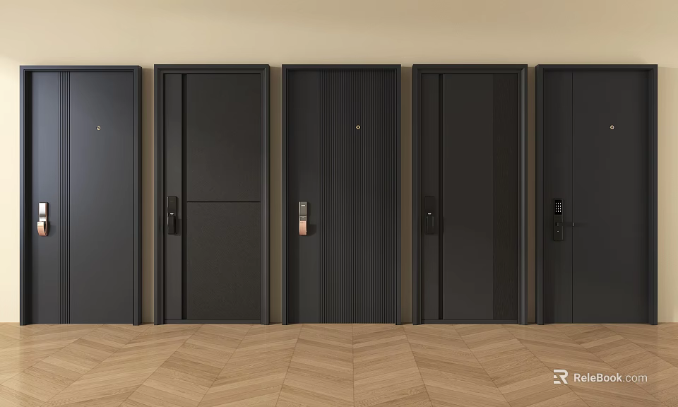 Modern Security Doors Featuring Black Finish And Various Stylish Design Details 3d model