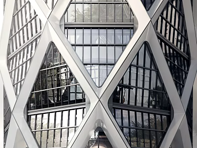 Modern Office Building With Glass Curtain Wall And Geometric Exterior Structure Design 3d model