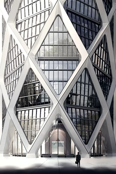 Modern Office Building With Glass Curtain Wall And Geometric Exterior Structure Design 3d model