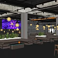 Modern Restaurant Interior With Wooden Tables Leather Chairs And Hanging Lights